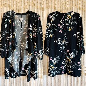 14th & Union Black Floral Boho Cottage Indie Flowy Long Sleeve Open Front Kimono